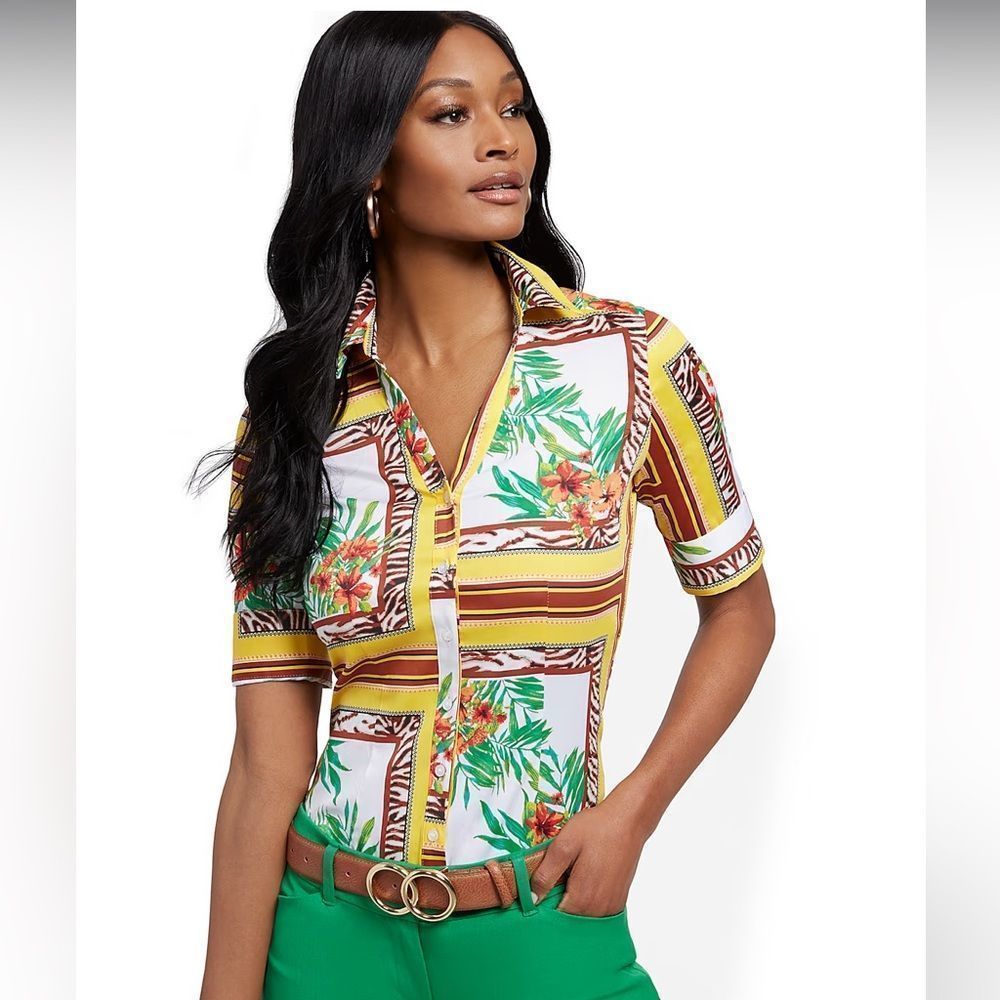 New York & Co NWOT Yellow Floral Tiger Stripe Madison Stretch Button Up Blouse S